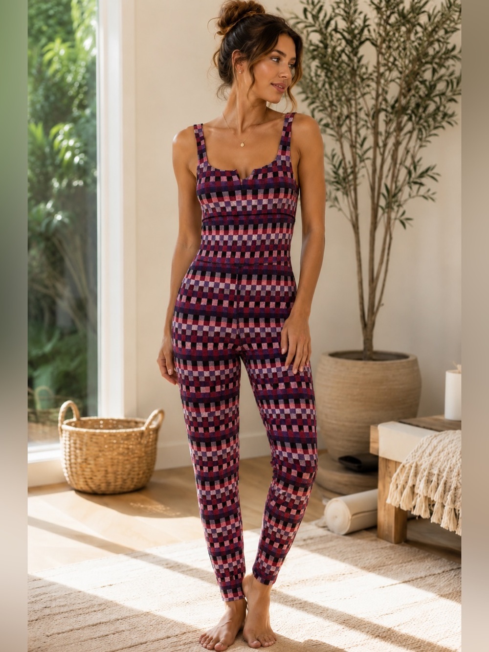 FP Movement by Free People Pink & Black Checkered Stretch Jumpsuit